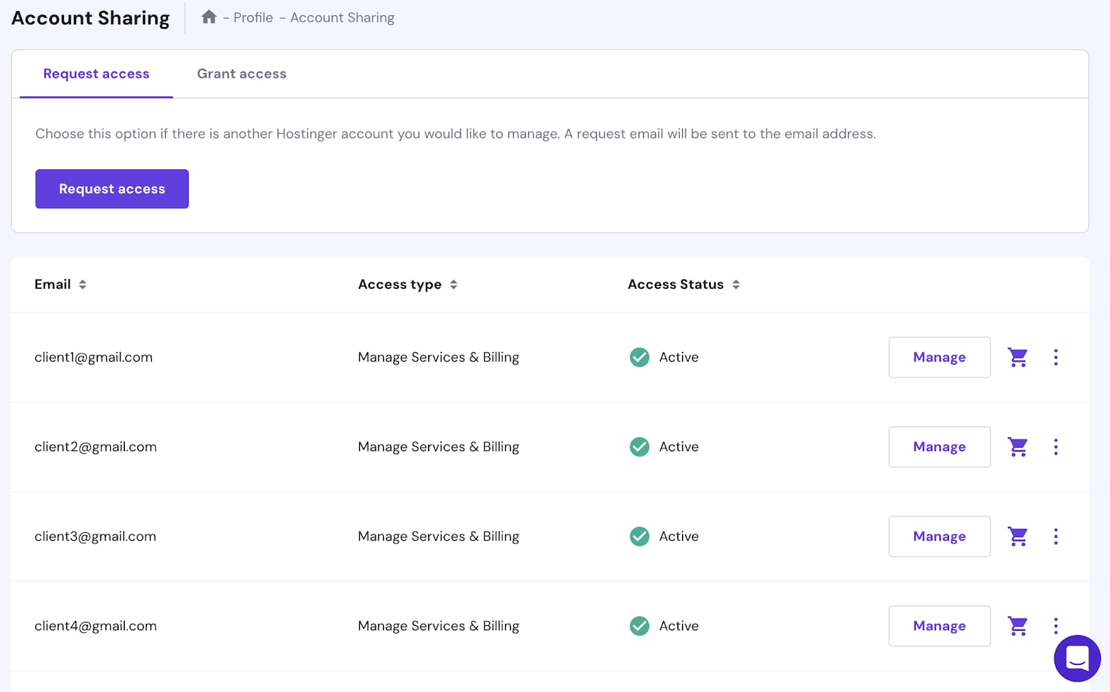 The list of Hostinger accounts you have access to