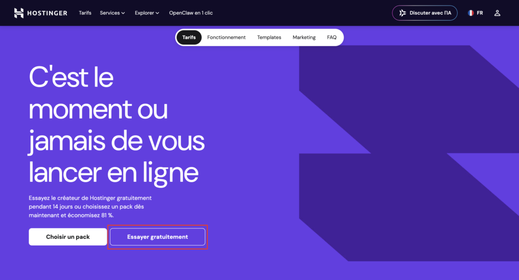 Cr&eacute;ateur de sites Hostinger avec bouton &laquo; Essayer gratuitement &raquo; et essai gratuit de 7 jours sans carte bancaire