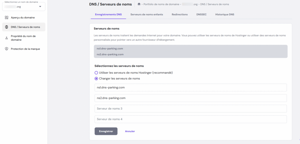 Modification des serveurs de noms dans la page d'aperçu du nom de domaine hPanel