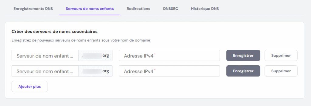 Le panneau du serveur de noms enfant dans l'éditeur de zone DNS de hPanel
