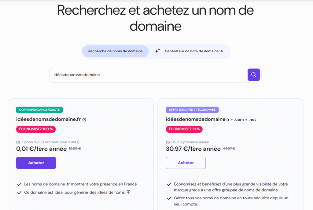 Vérificateur de nom de domaine Hostinger et offre groupée de noms de domaine