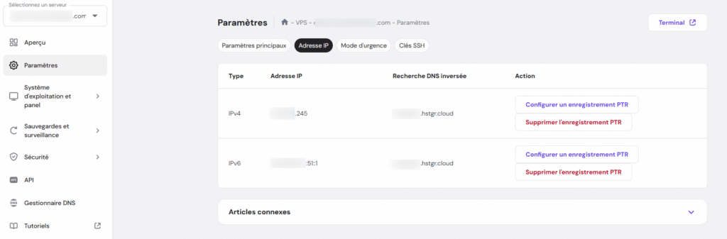 Menu de configuration des adresses IP dans les paramètres VPS de hPanel