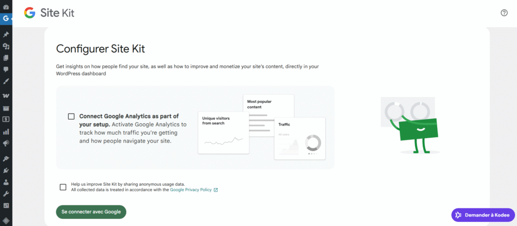 Menu Google Site Kit sur le tableau de bord de WordPress