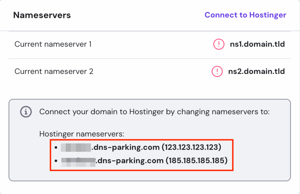 Panneau Serveurs de noms dans la section Détails du plan avec les serveurs de noms et les adresses IP correspondantes
