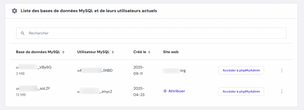 La page de gestion avec la liste des bases de données MySQL et des utilisateurs actuels sur hPanel