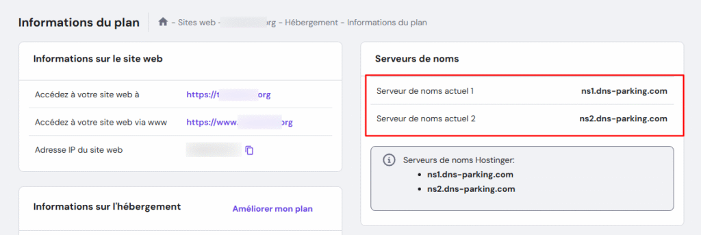 Capture d'écran détaillant les informations du plan d'hébergement sur Hostinger