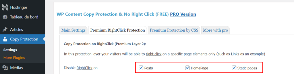 Tableau de bord du plugin Copy Protection