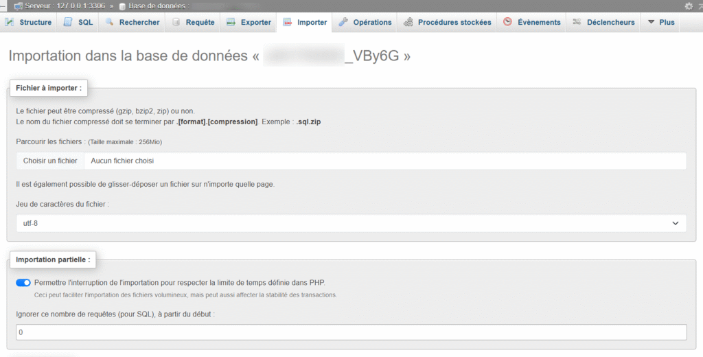 Capture d'écran de l'onglet Importation de phpMyAdmin
