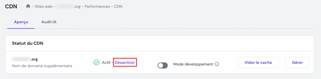 Le bouton Désactiver dans le menu CDN de hPanel