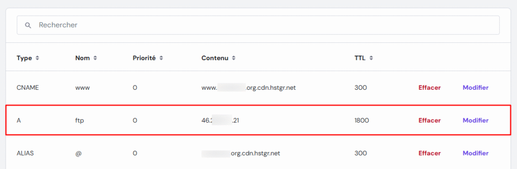Un enregistrement A dans hPanel