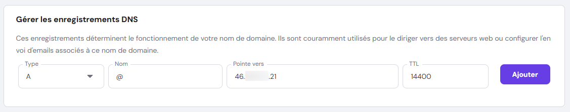 La section Gérer les enregistrements DNS dans hPanel