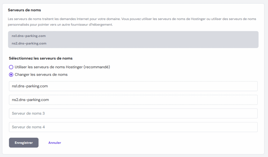 Les options « Sélectionner les serveurs de noms » dans hPanel