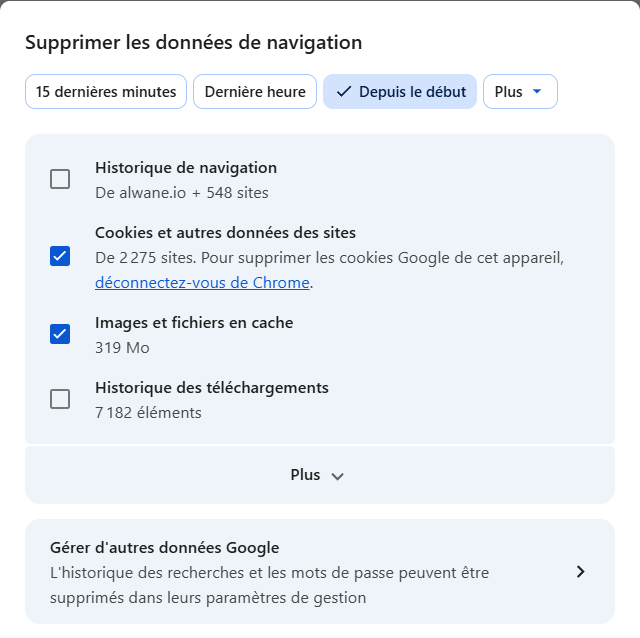 La bo&icirc;te de dialogue Supprimer les donn&eacute;es de navigation dans Google Chrome