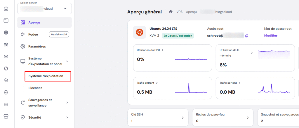 Le menu de configuration du système d'exploitation VPS dans hPanel