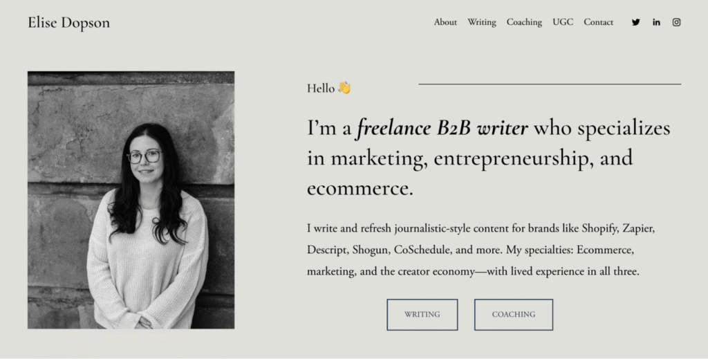 Page d'accueil du site d'Ellie Dopson