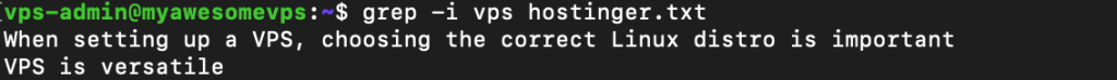 Grep recherche le motif VPS sans tenir compte de la casse.
