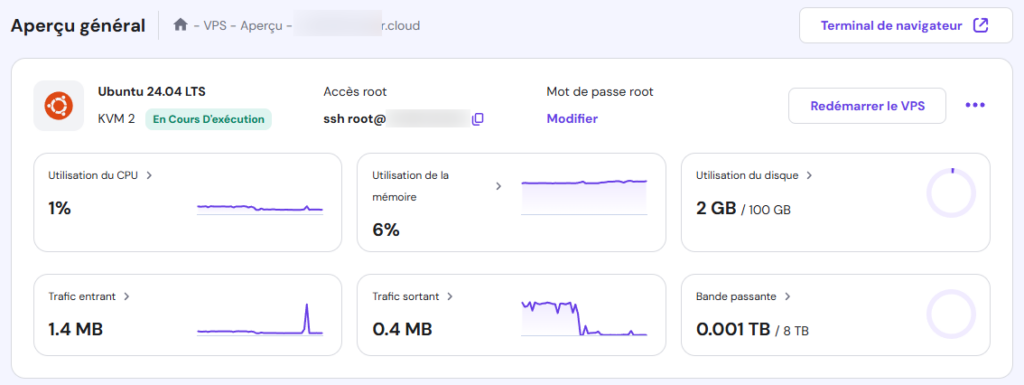 Identifiants d'accès SSH dans le menu d'aperçu du VPS de hPanel