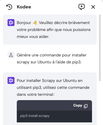 Commande d'installation de Scrapy générée par l'assistant IA Kodee