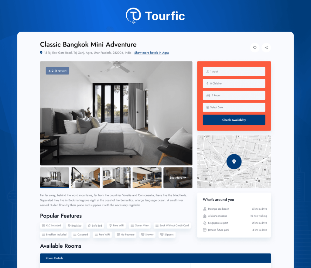 Exemple d'une page de réservation d'hôtel créée à l'aide du plugin Tourfic