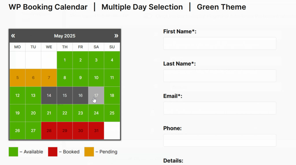 Interface de WP Booking Calendar