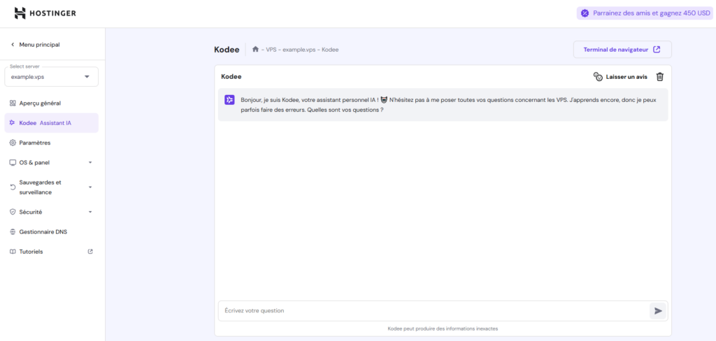 Écran de l'assistant IA Kodee sur hPanel