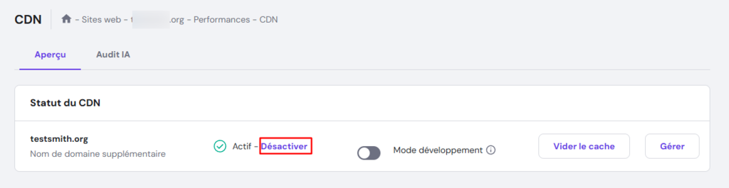Le bouton « Désactiver » dans le CDN de hPanel
