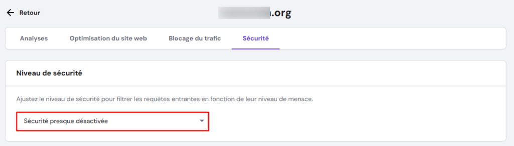 L'option Sécurité presque désactivée sous l'onglet Sécurité du CDN de hPanel