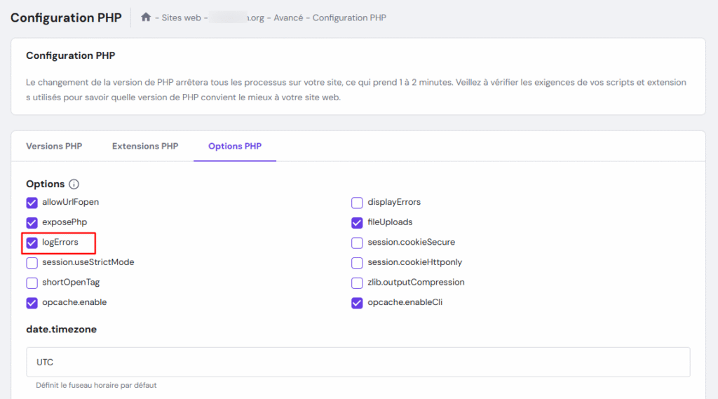 L'option logErrors sous l'onglet Options PHP de hPanel