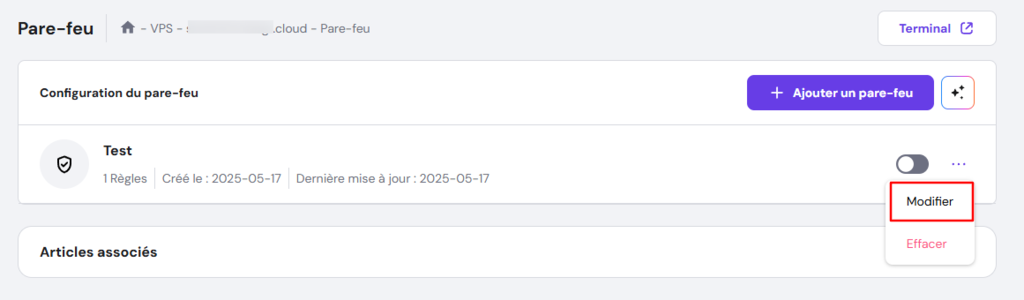 L'option Modifier à côté d'une configuration de pare-feu personnalisée dans le VPS de hPanel