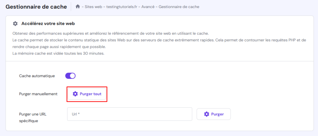 Le bouton Purger tout dans la page Gestionnaire de cache de hPanel