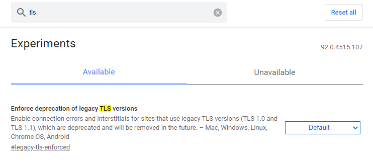 L'option « Appliquer la dépréciation des versions TLS obsolètes » dans la page Expériences de Google Chrome