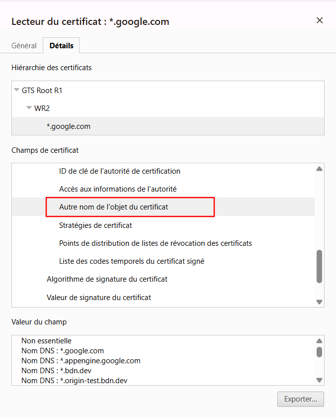 Le champ « Autre nom de l'objet du certificat » de Google