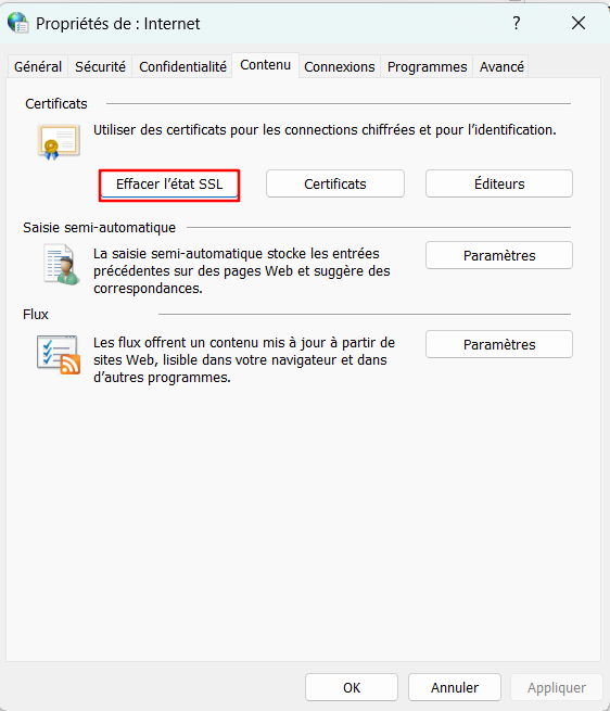 Le bouton « Effacer l'état SSL » sous l'onglet « Contenu » dans les paramètres « Options Internet » de Windows.