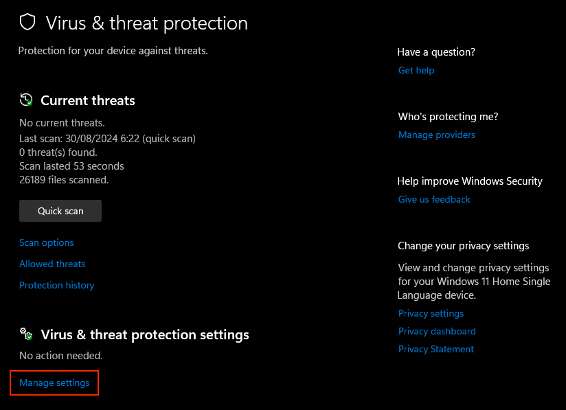 L'option Gérer les paramètres dans le menu Protection contre les virus et les menaces dans Windows