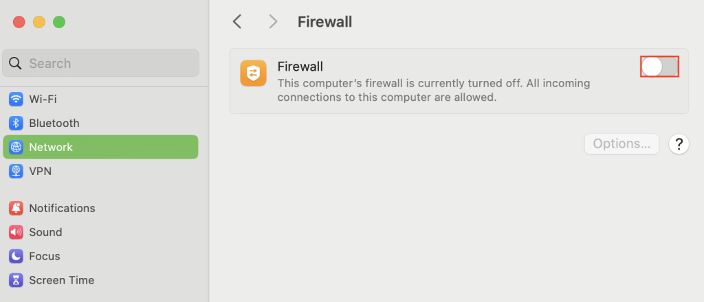 L'option Pare-feu sous l'onglet Réseau dans macOS