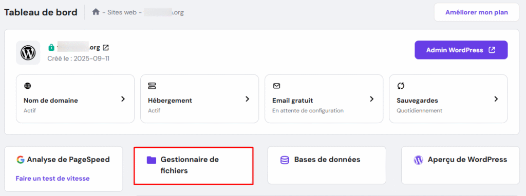 Tableau de bord hPanel avec le gestionnaire de fichiers mis en évidence