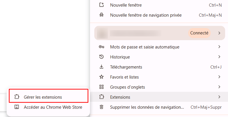 Les menus Extensions et Gérer les extensions du navigateur Chrome mis en évidence