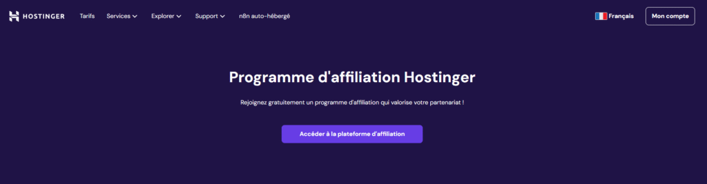 Landing page du programme d'affiliation Hostinger