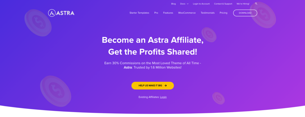 Landing page du programme d'affiliation Astra