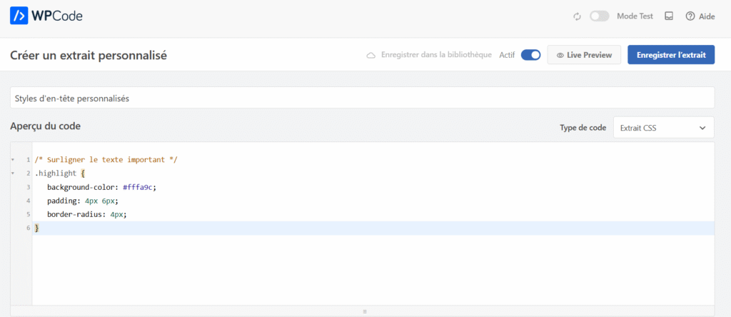 L'&eacute;diteur WPCode affiche un nouvel extrait CSS personnalis&eacute; dans la zone de pr&eacute;visualisation du code.