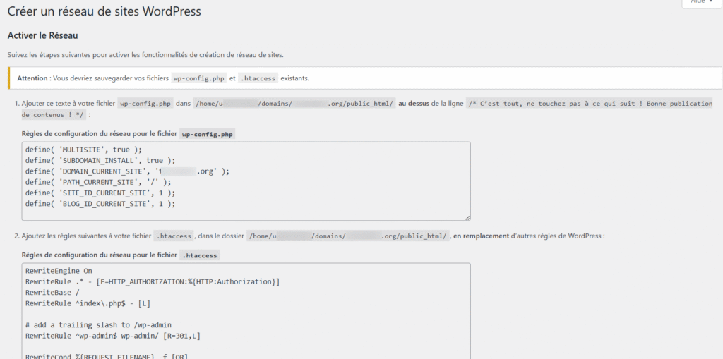 Page de cr&eacute;ation du r&eacute;seau WordPress avec des extraits de code pour configurer un nouveau r&eacute;seau