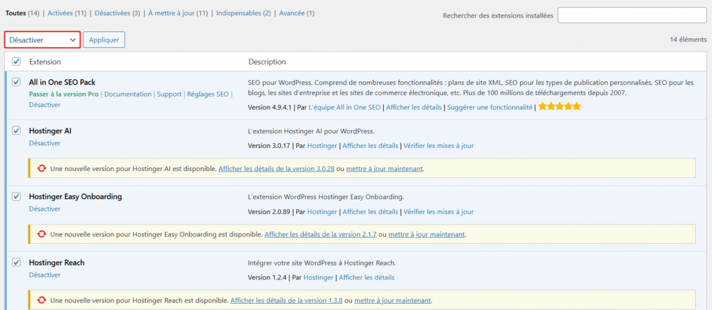 Page des plugins WordPress affichant une action group&eacute;e pour d&eacute;sactiver les plugins