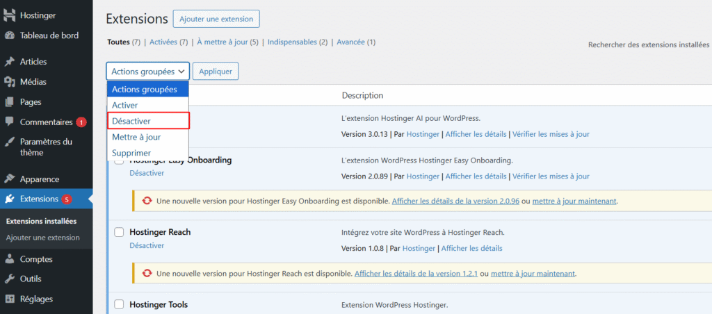 Menu Extensions dans WordPress avec la section Désactiver mise en évidence