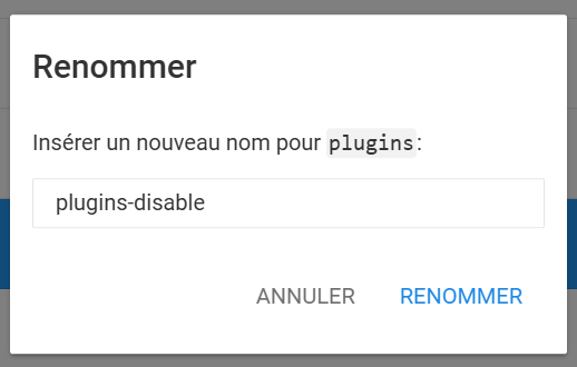 Fenêtre contextuelle de renommage de plugins dans le gestionnaire de fichiers