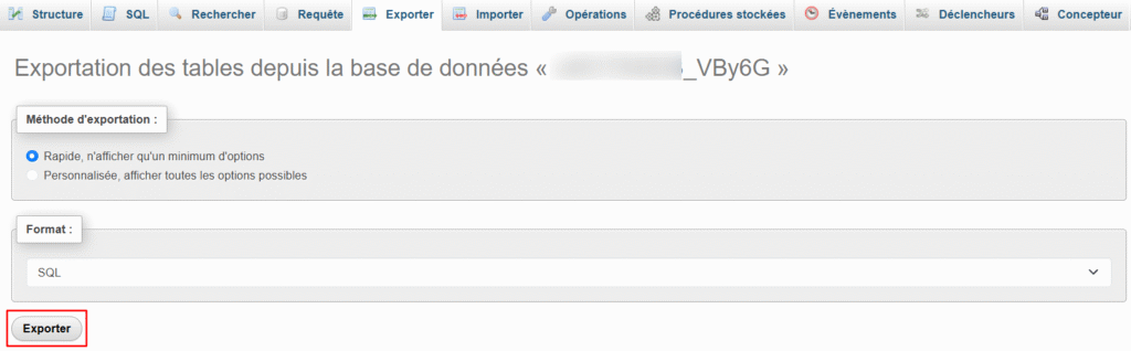 Le bouton Exporter dans l'onglet Exporter de phpMyAdmin.