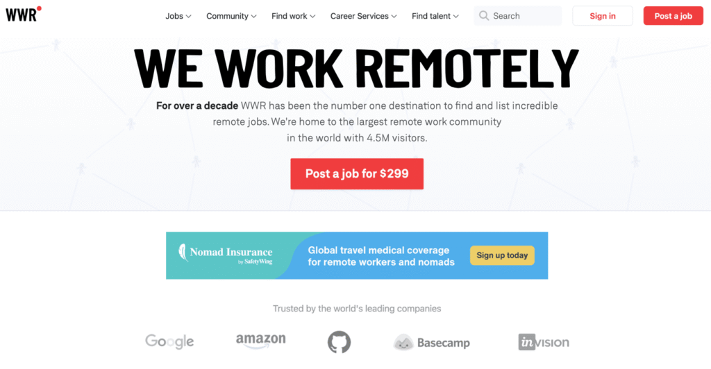 Landing page de We Work Remotely