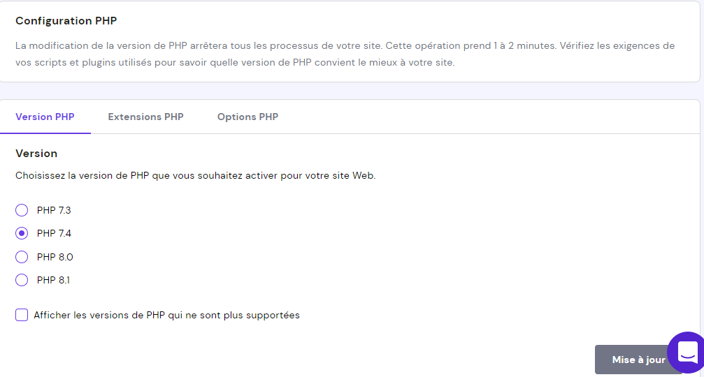 configuration-php-hpanel configuration php sur hpanel