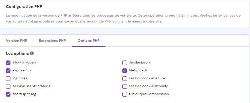options-php-hpanel Options php sur hPanel