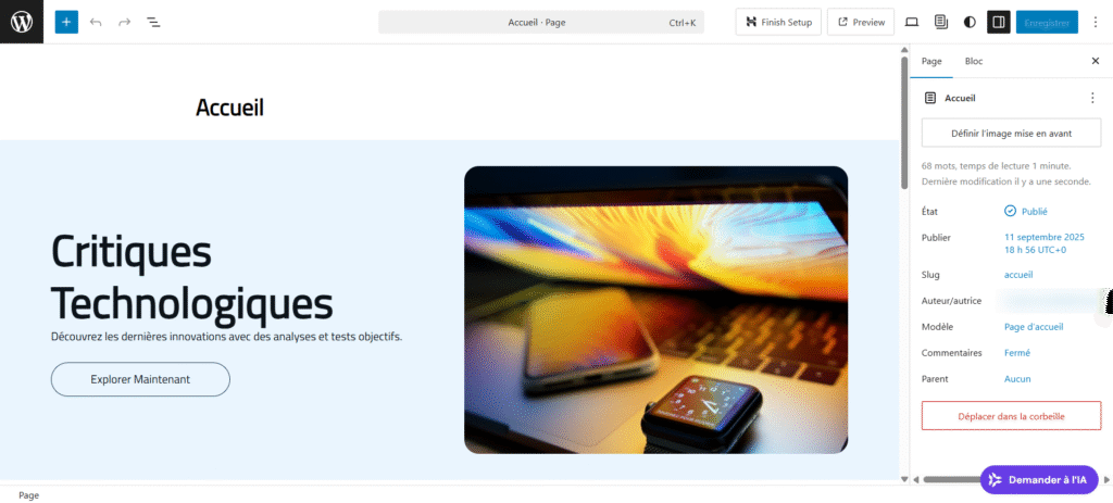  &Eacute;cran de l'&eacute;diteur de blocs IA du Site de marketing d'affiliation cr&eacute;&eacute; par Hostinger