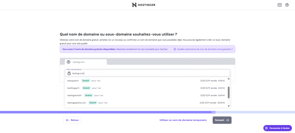 Sélection du domaine lors de l'intégration à Hostinger